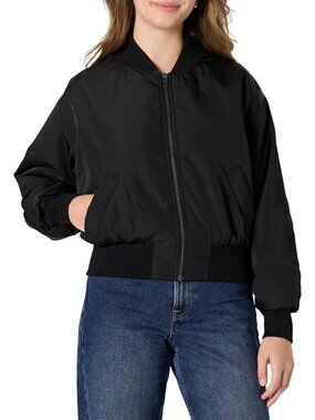 〽️Women's Black Denim Bomber Jacket Relaxed Fit Padded Zip Up Coat
